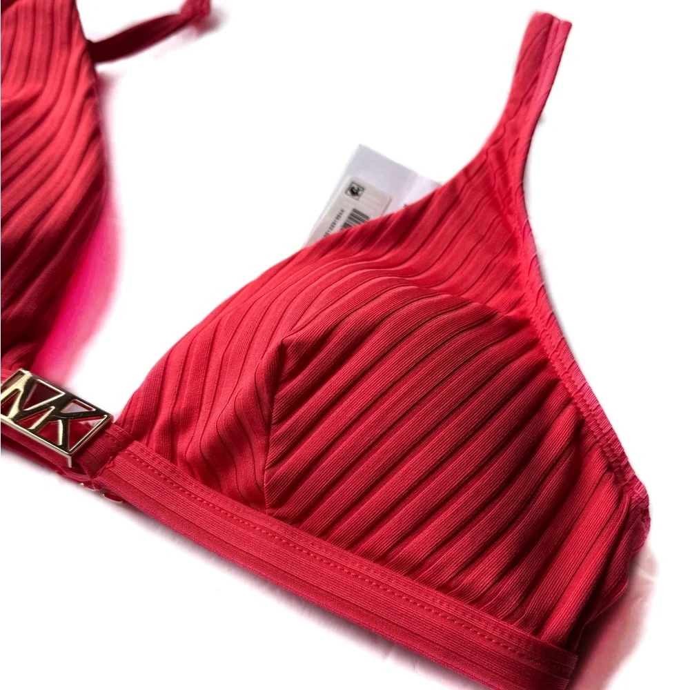 Michael Kors Ribbed Bikini Top with MK Goldtone Logo Hardware Size Medium